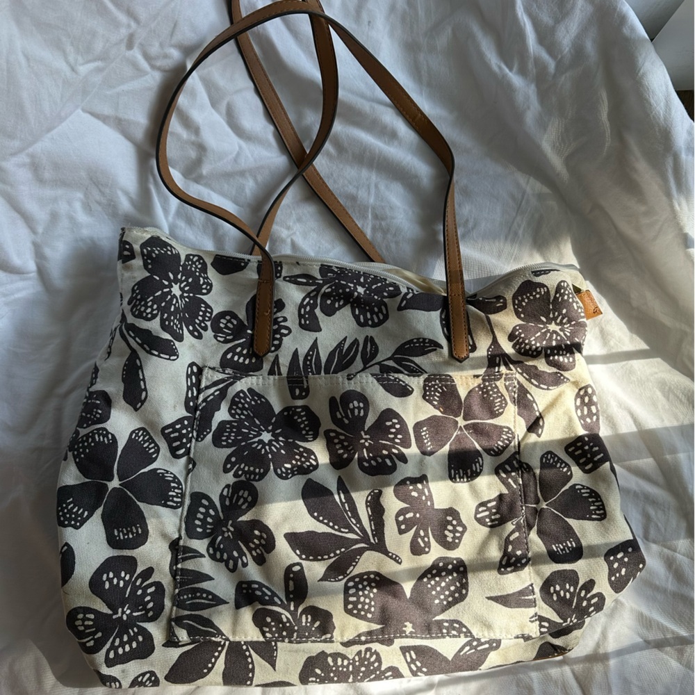 SONOMA Black & White Floral Canvas Tote with Brown Leather Straps